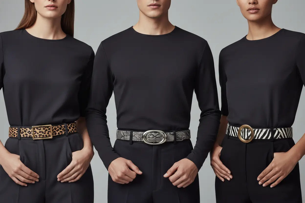 Three high-quality embossed leather belts with animal motifs in leopard, snakeskin, zebra.