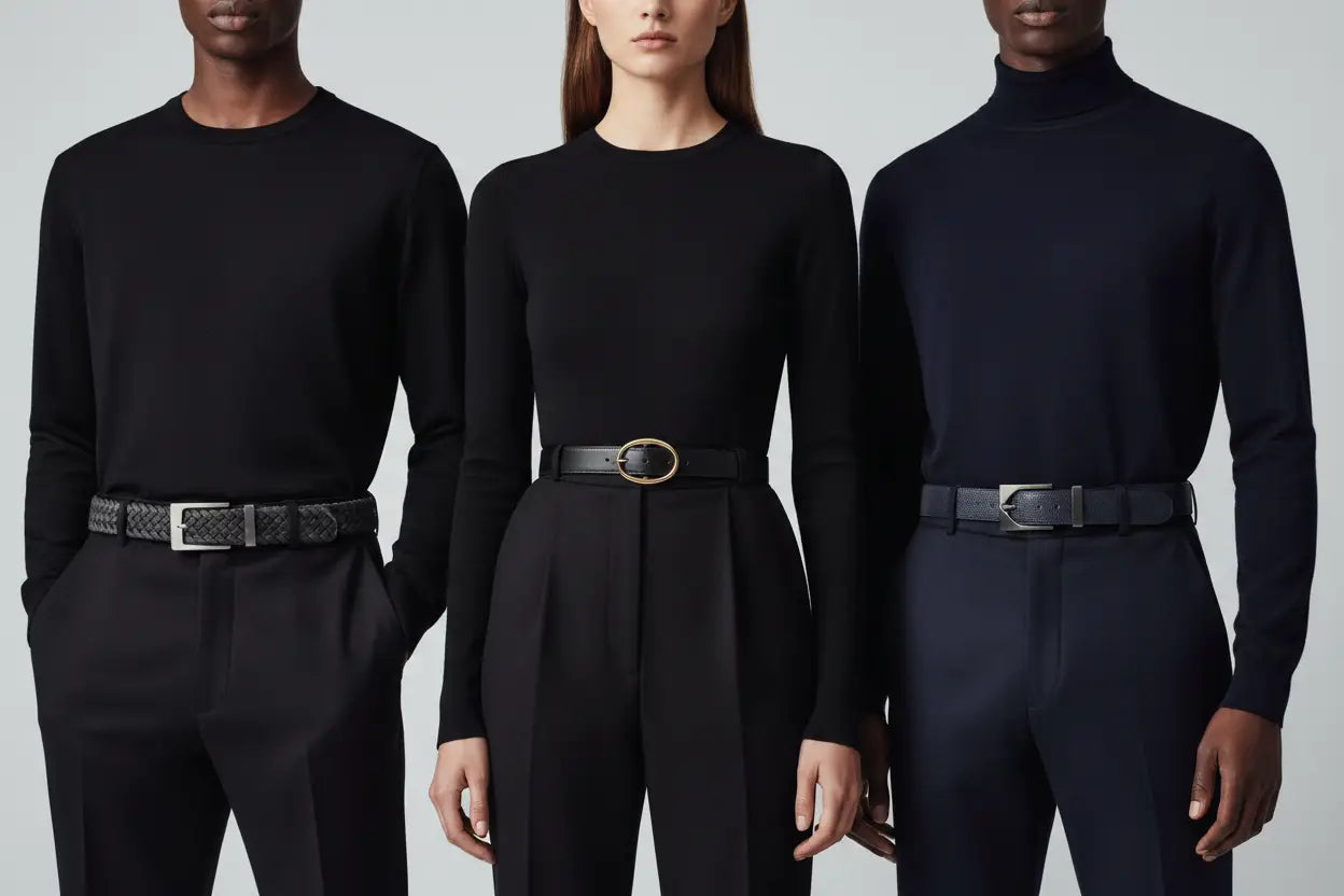 Fabelt black leather belt straps with metallic buckles and oval loops