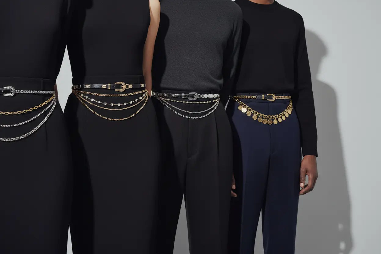 Silver chain belts with layered designs and coin accents in Chain Belt collection