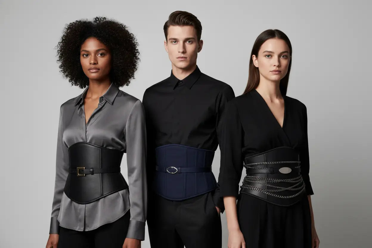 Fabelt black corset belt with silver buckle and chain in stylish waist accessories