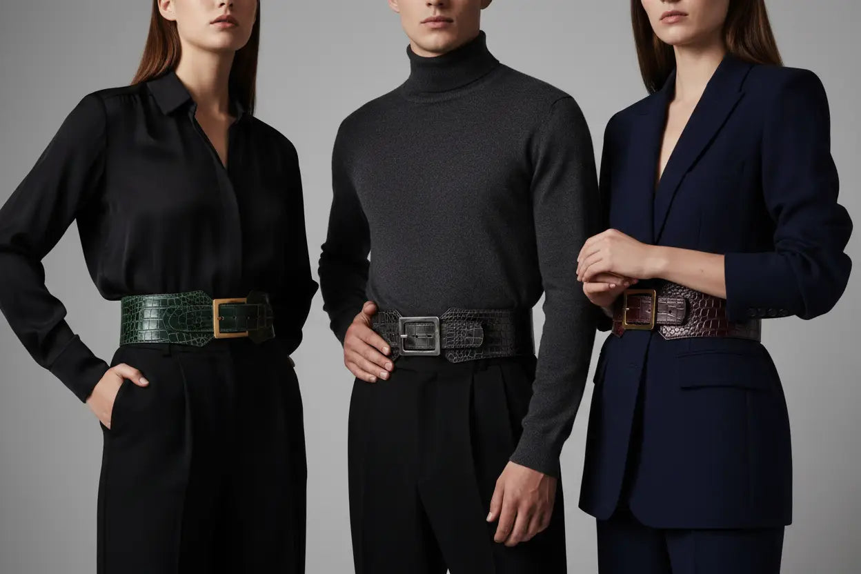 Three genuine crocodile leather belts in emerald green, black, and brown.