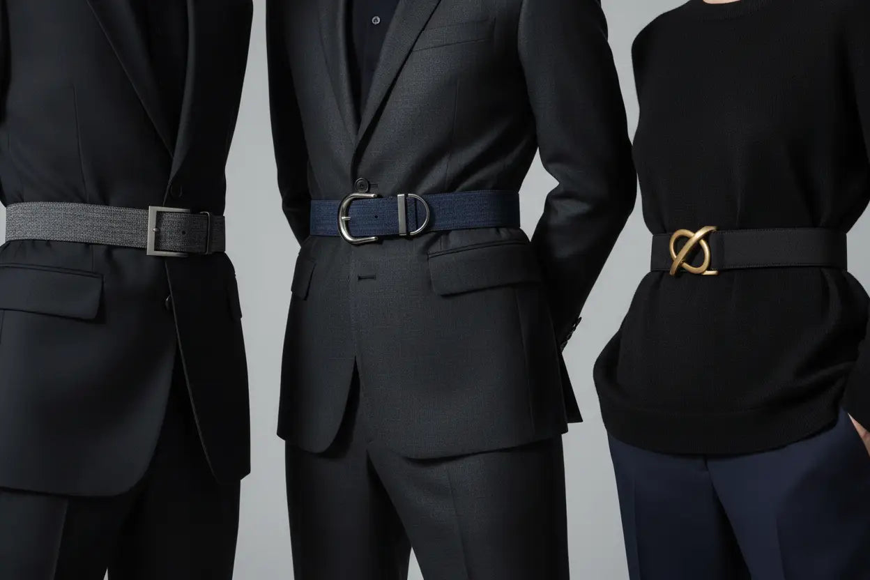 Three belt sets in Fabric Belt: gray textured, navy with silver metal buckle, black with gold design