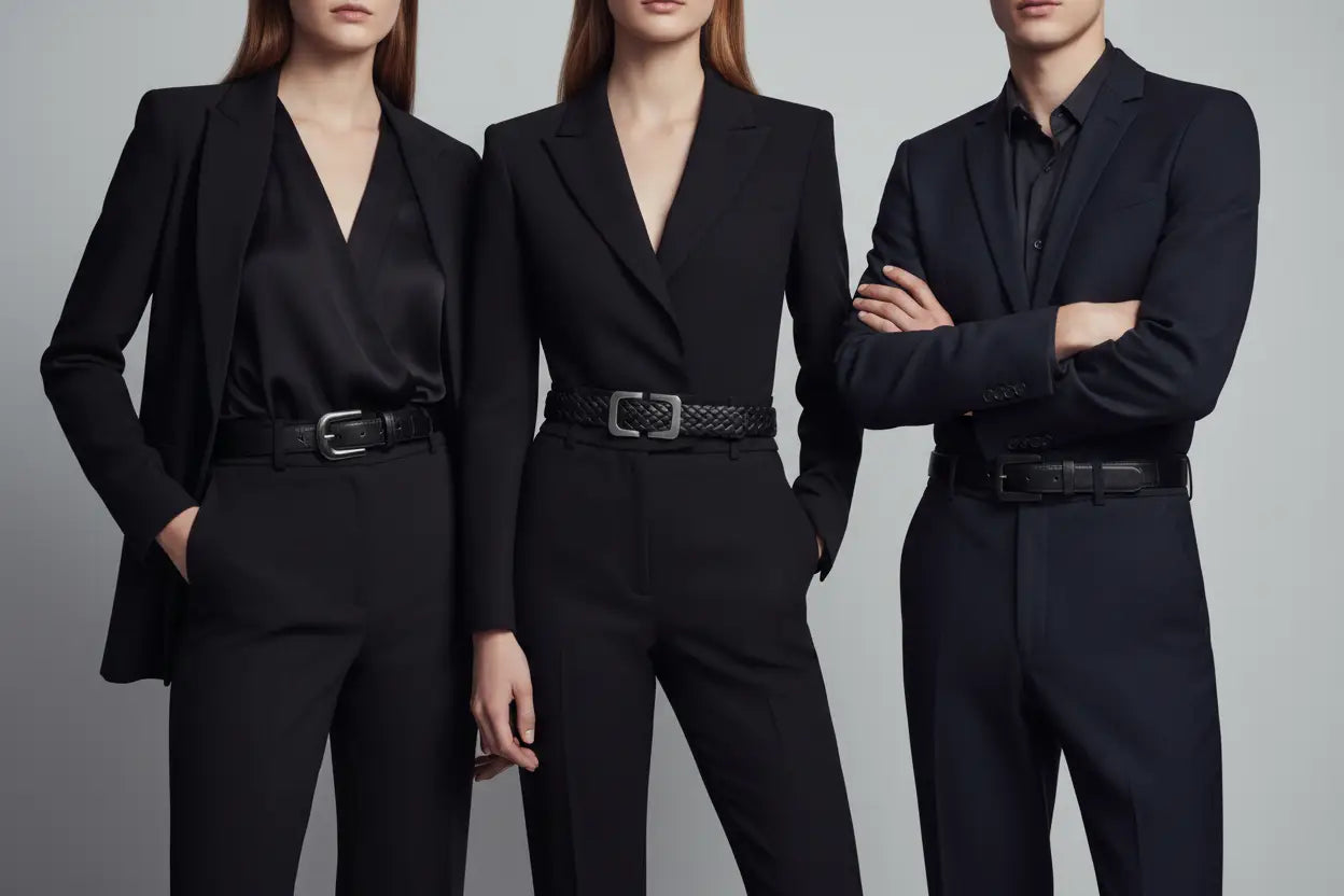 Black woven belt with sparkly silver buckle in trendy belts collection