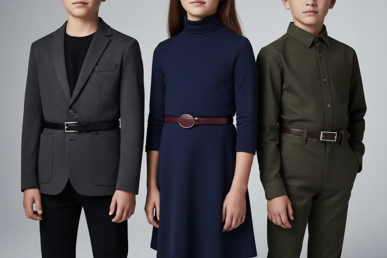 Navy blue turtleneck dress with burgundy childrens belts heart buckle