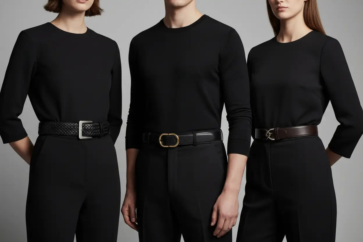 Three elegant grained leather belts with floral buckle designs