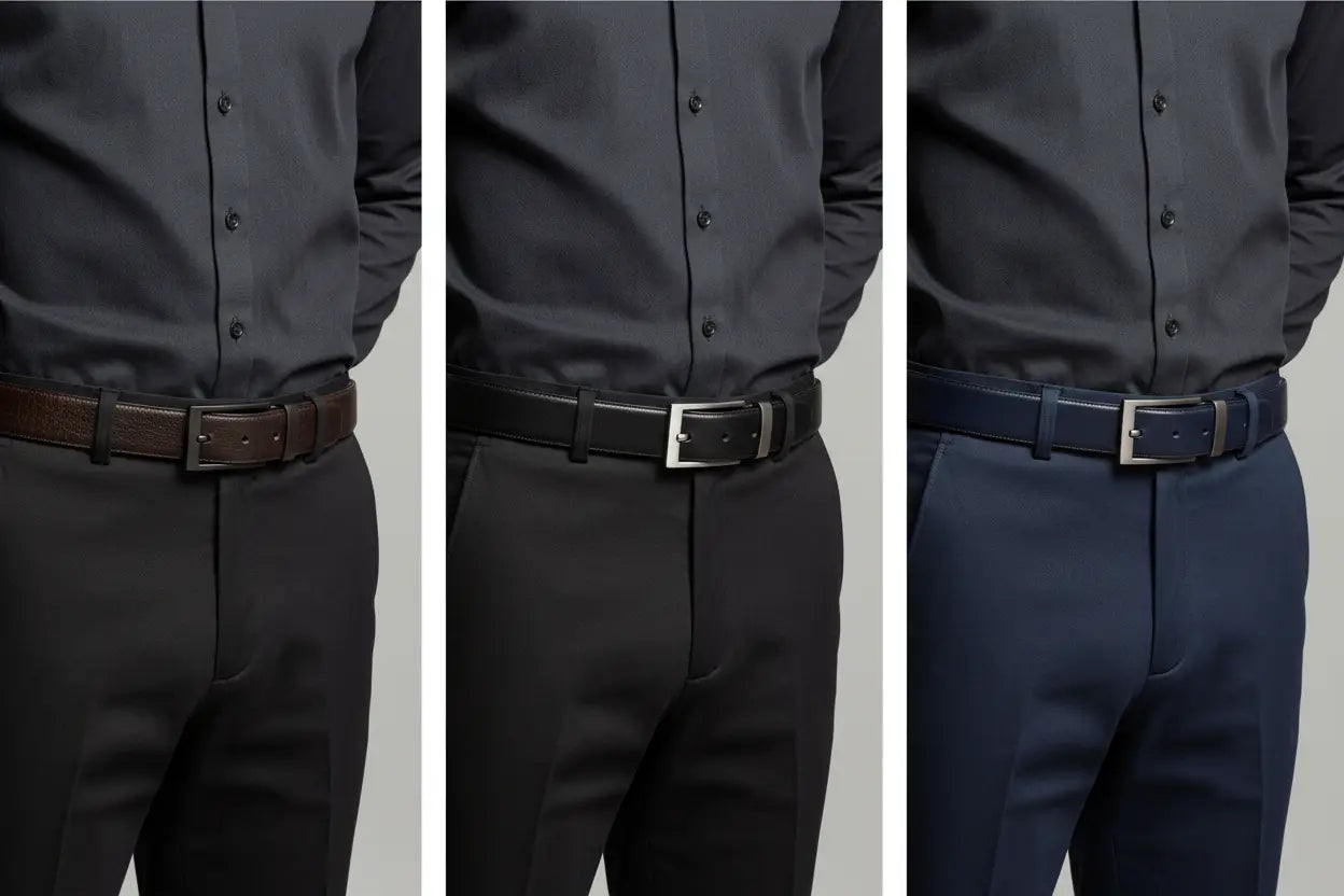 Three casual leather belts with silver buckles in brown, black, navy from Mens Belts online collection