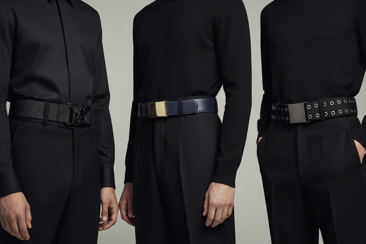 Black leather military belt with gold-tone buckle and minimalist design