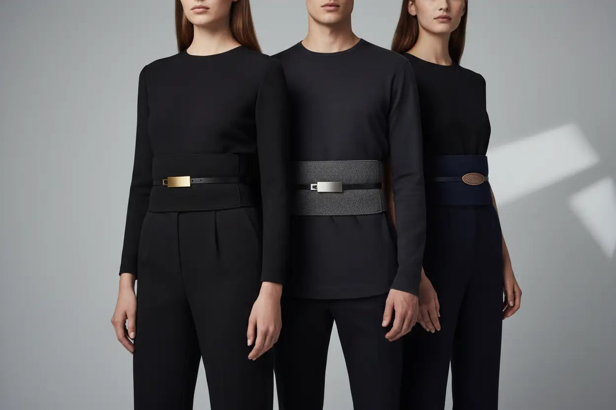 Three minimalist Obi belts in black, gray, navy with metallic buckles