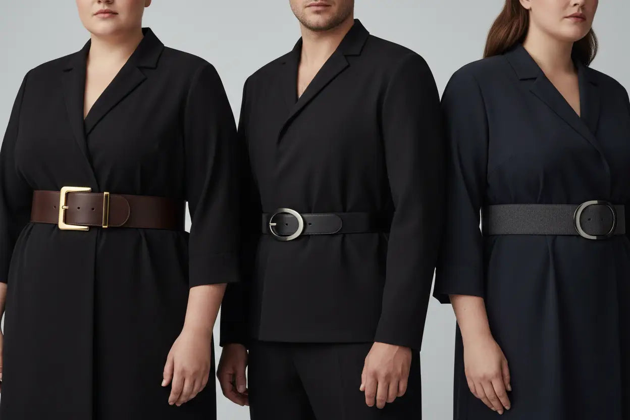 Three plus size models in black blazers with fabelt large xxl belts