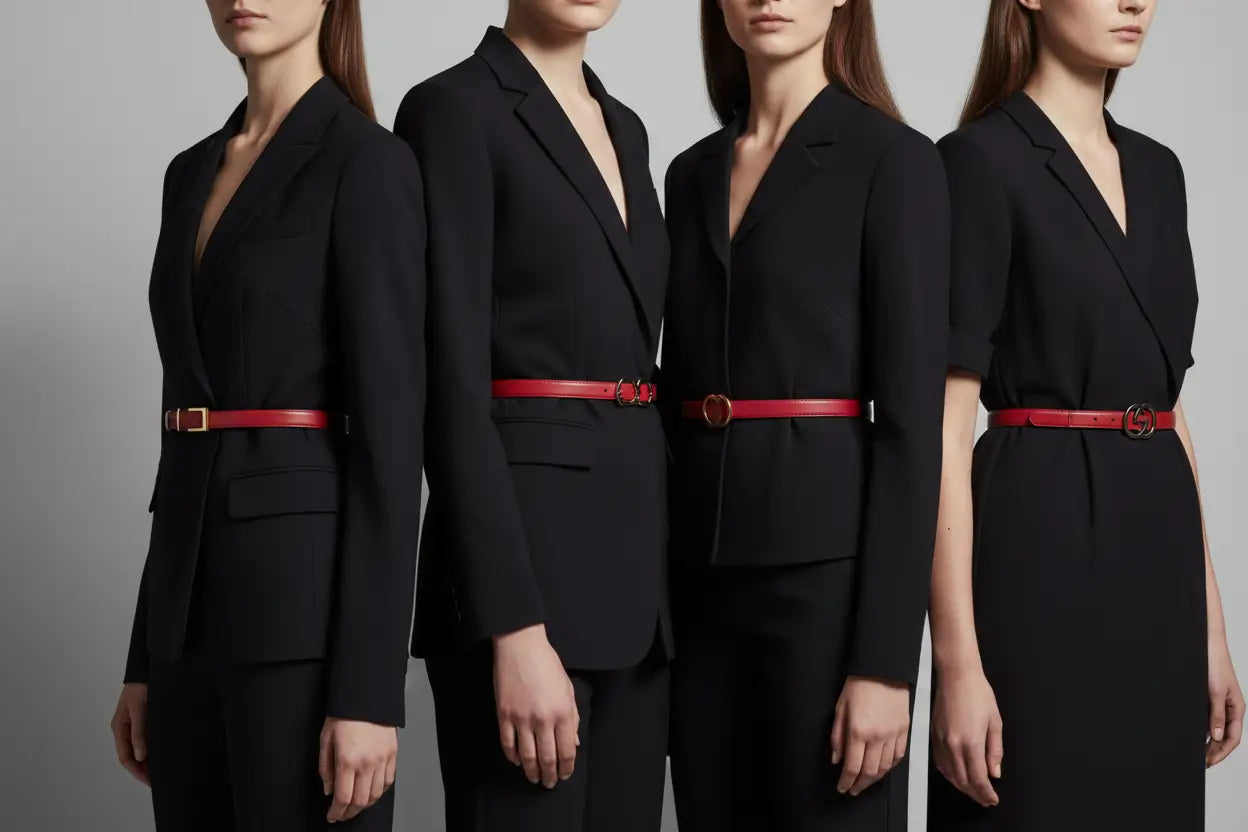 Red leather belt with gold-tone buckle in red belt collection