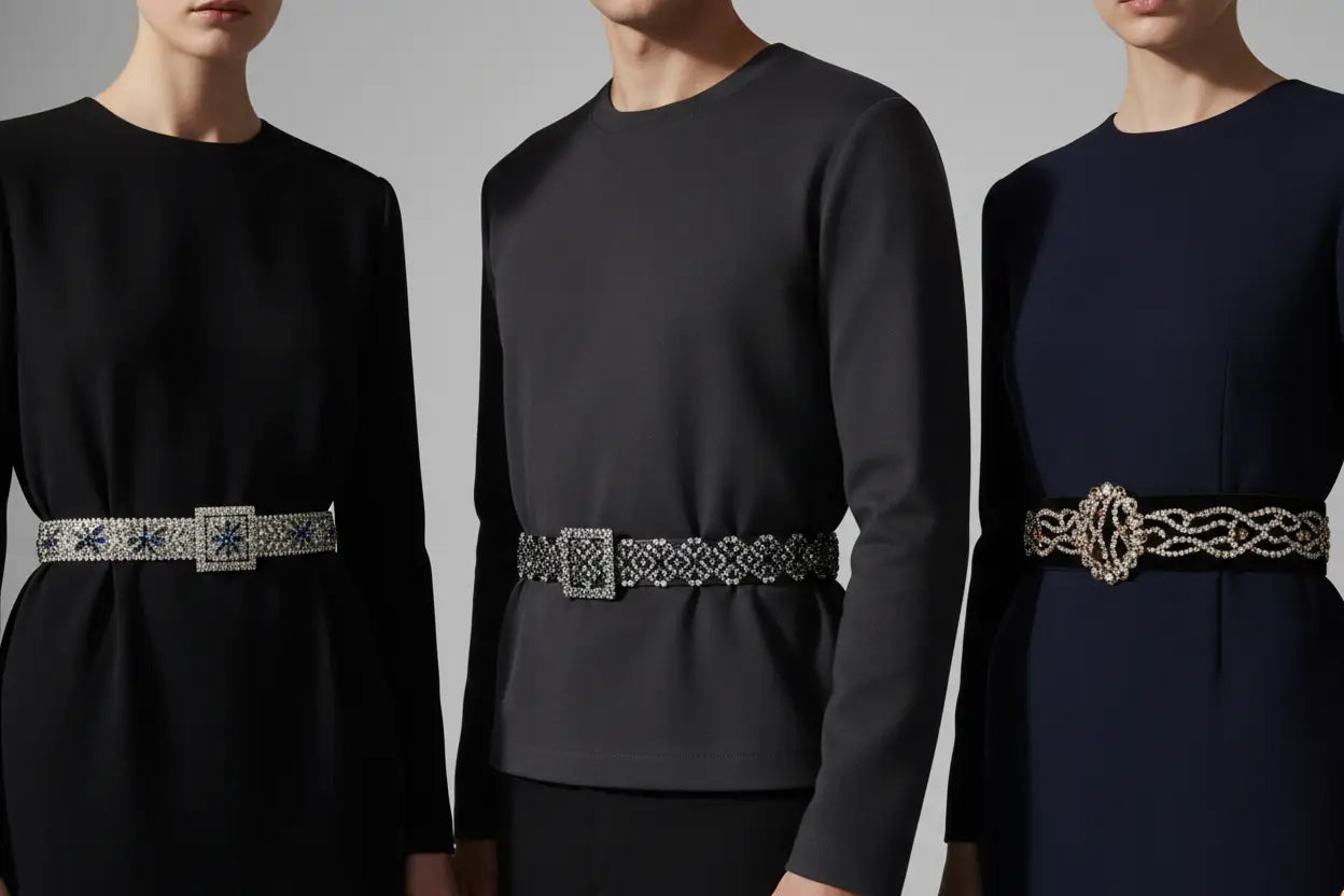 Elegant rhinestone belts with strass embellishments on models in dark attire.