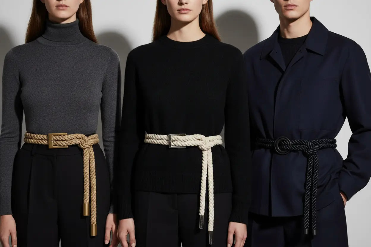 Three models showcase MCM knotted leather rope belt in beige, white, black.