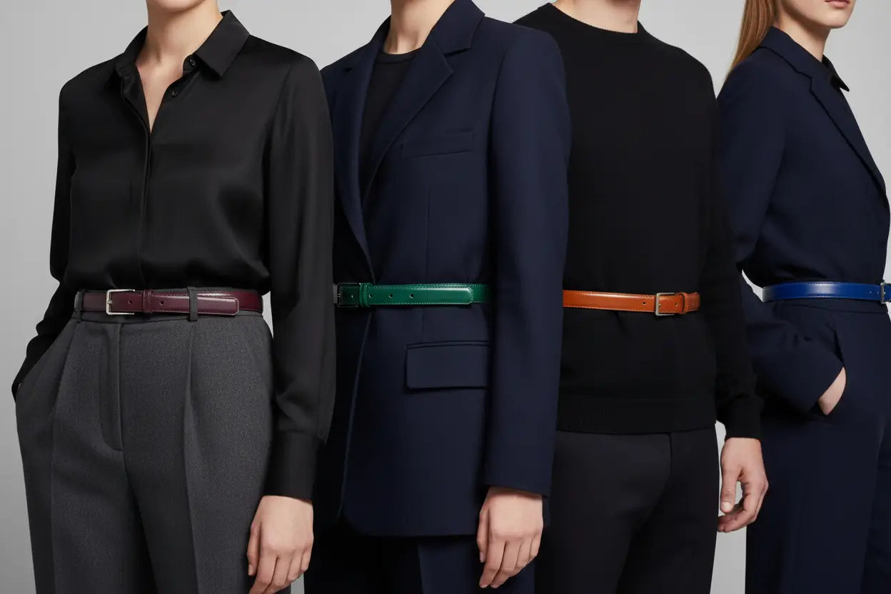 Statement colorful leather belts with decorative buckles in burgundy, green, tan, blue.