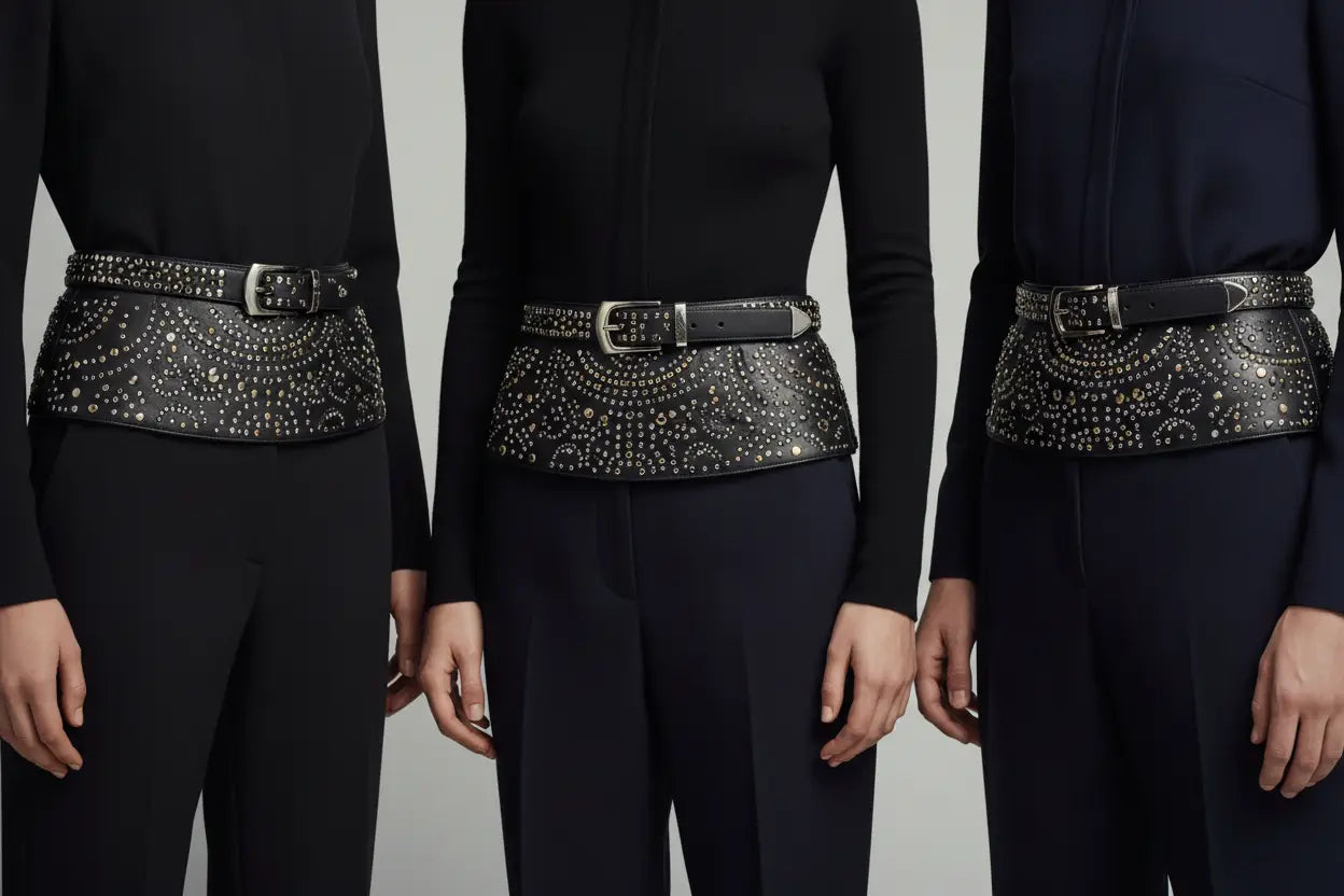 Black studded leather belt with silver patterns in belt collection