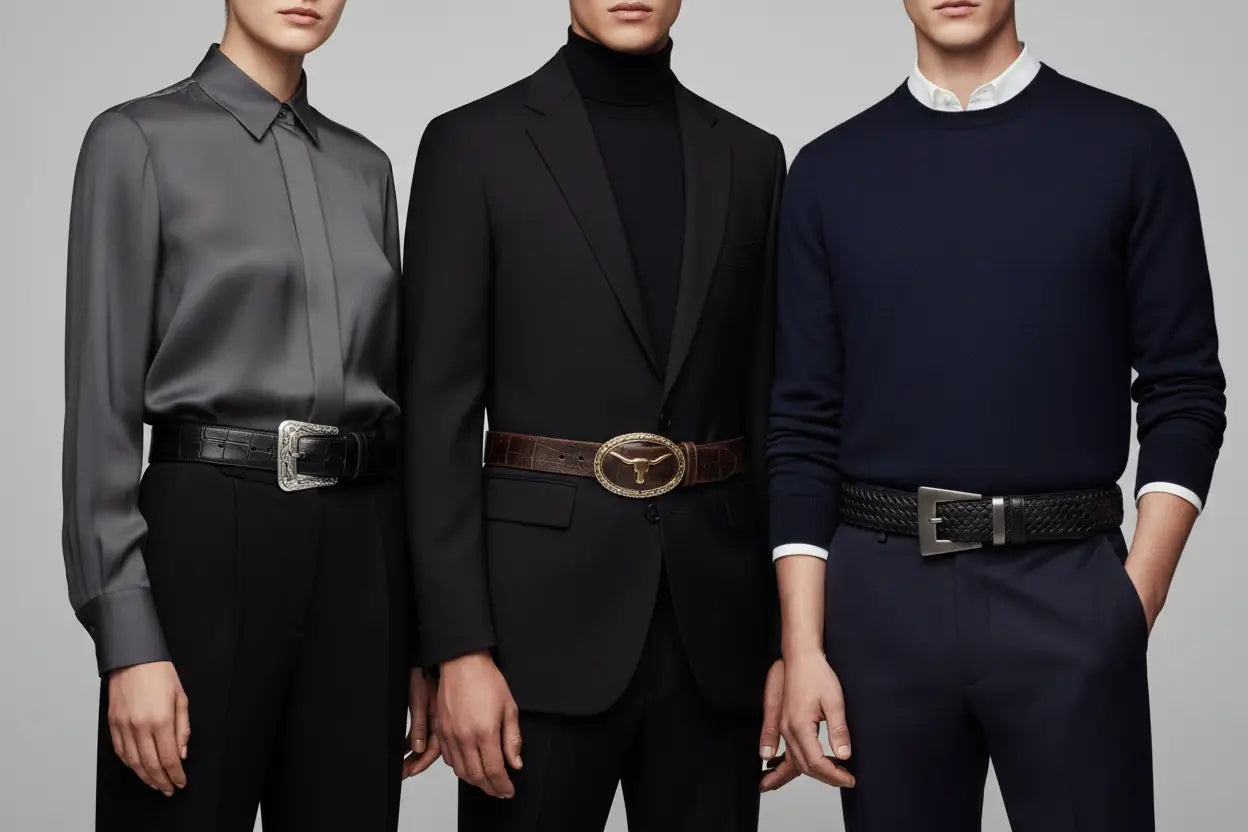 Western leather belts with ornate buckles in silver and gold tones