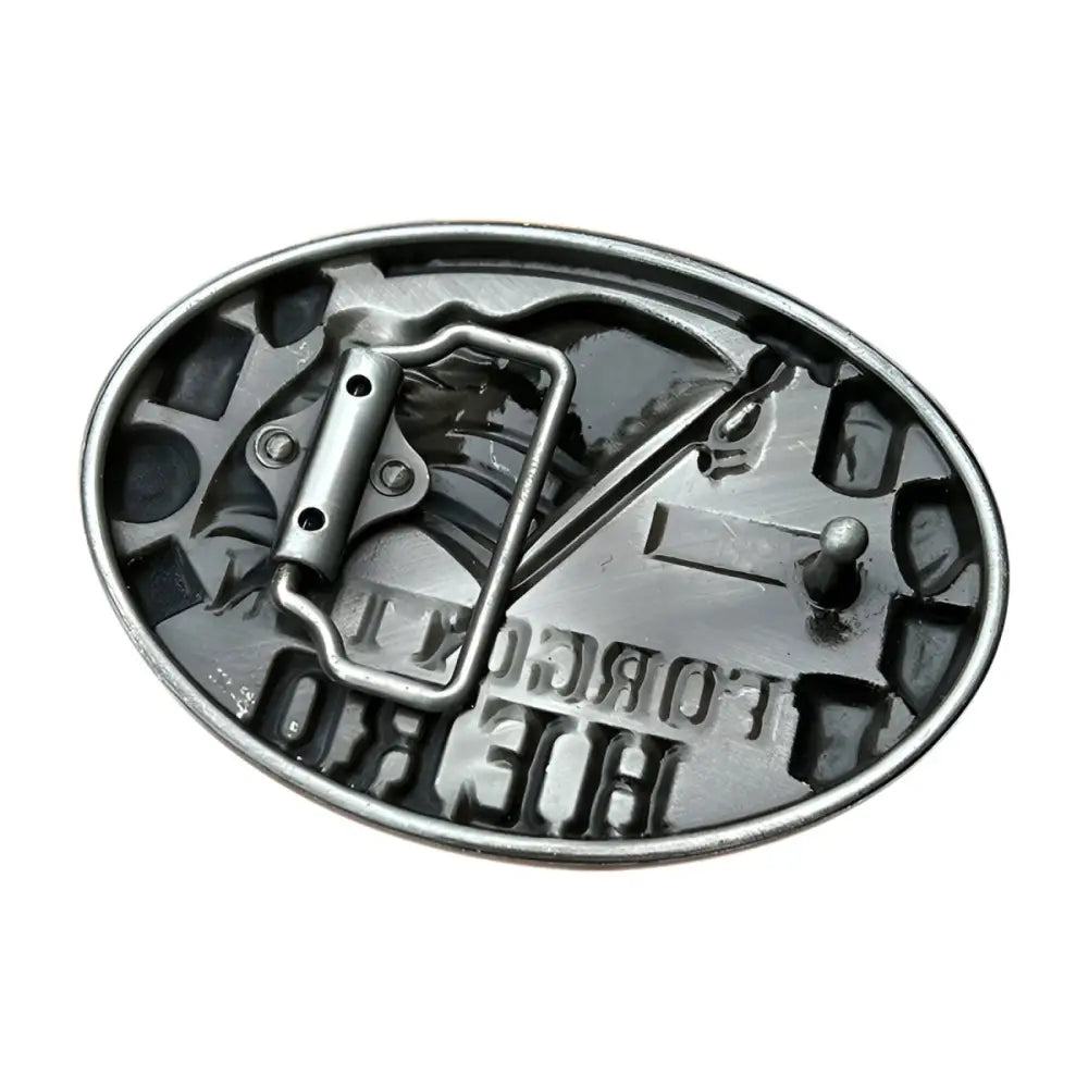 Oval metal belt buckle featuring American Flag honoring forgotten hero and heroes