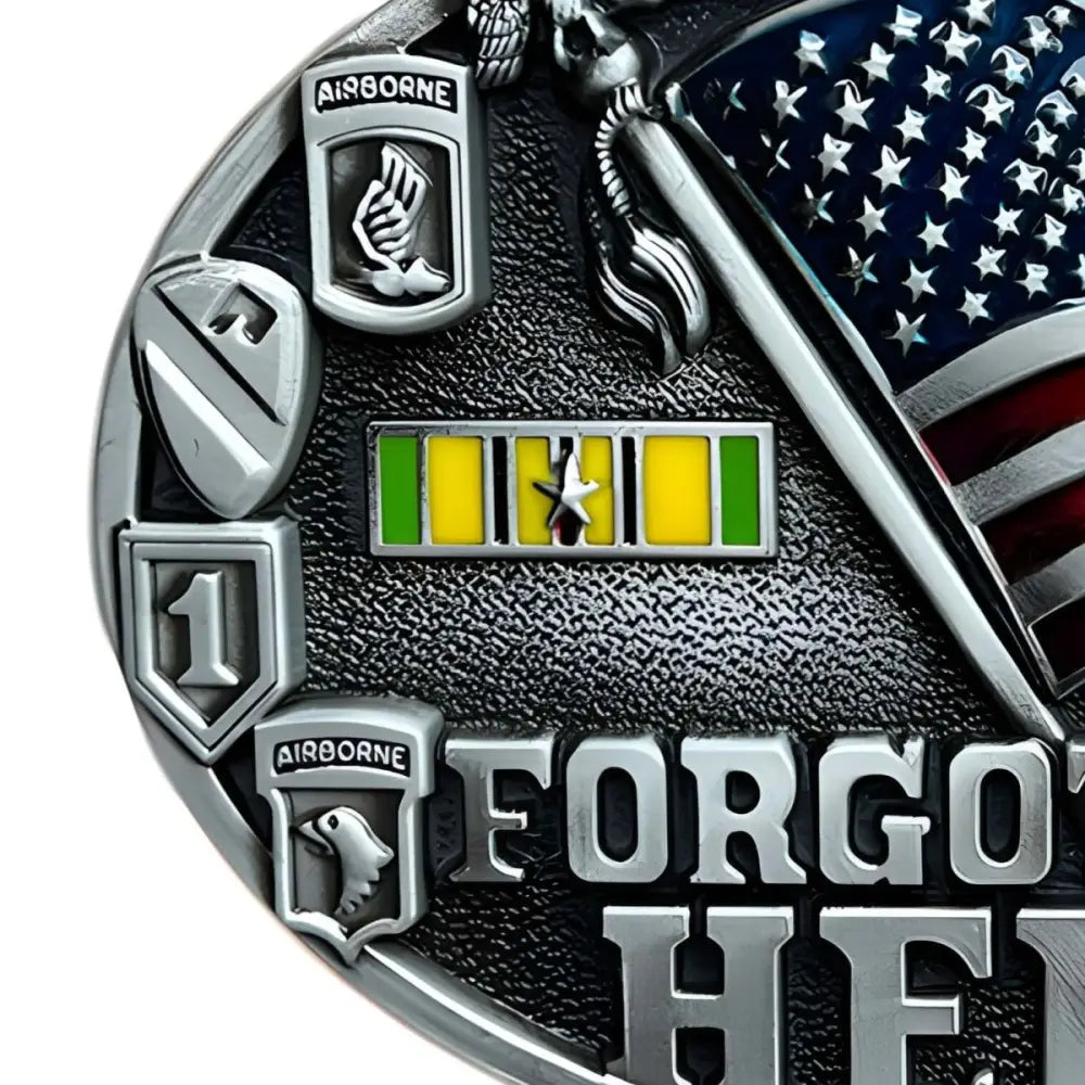 Military-themed metal emblem on American Flag Belt Buckle honoring forgotten heroes