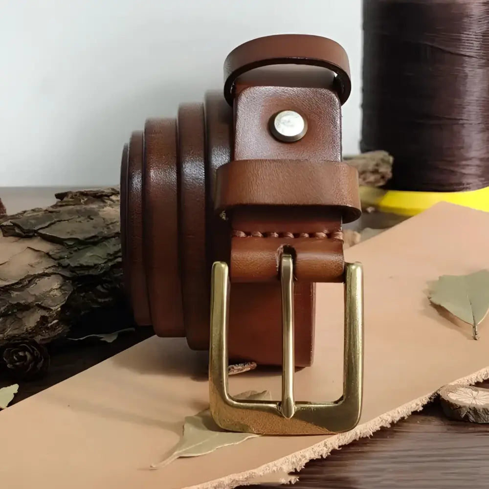 Brown leather belt with brass buckle from Araziia Leather Belt collection