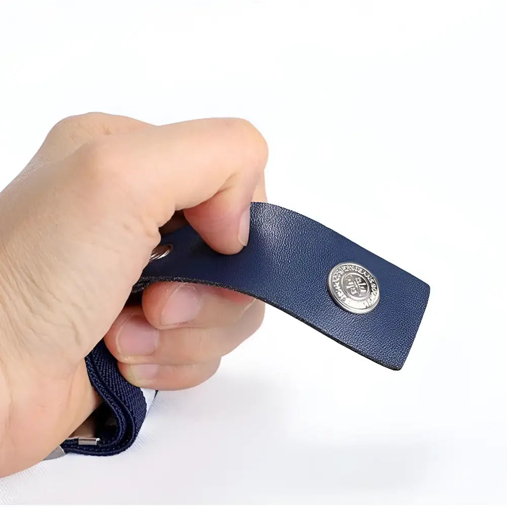Navy blue leather belt with silver button from Assorted Elastic and Leather Belts collection