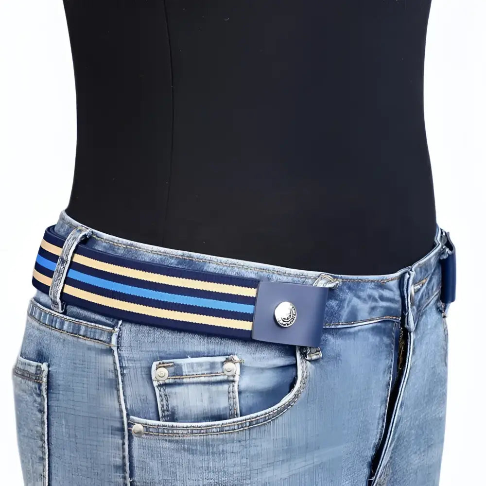 Striped elastic belt on jeans from Assorted Elastic and Leather Belts with Metal Fastenings product line