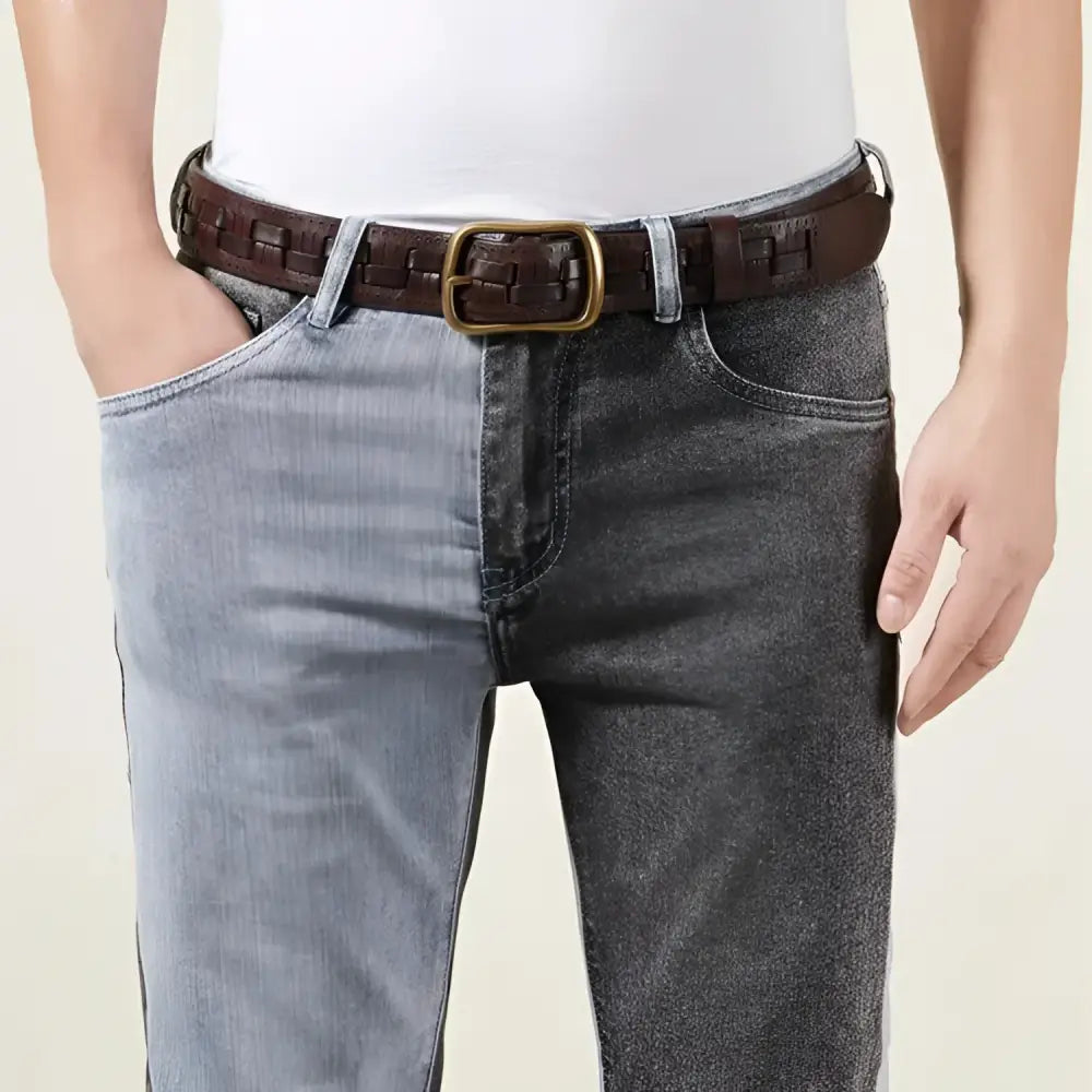 Two-tone denim jeans showcased in a product image from Assorted Leather Belts and Two-Tone Denim Jeans