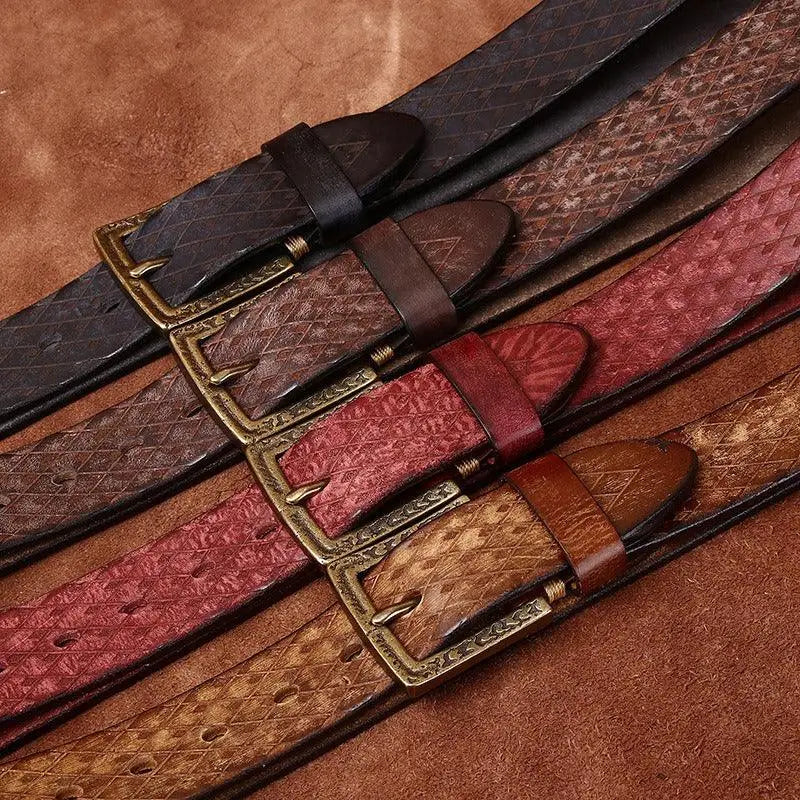 Assorted leather belts with brass buckles displayed in the product Assorted Leather Belts with Brass Buckles