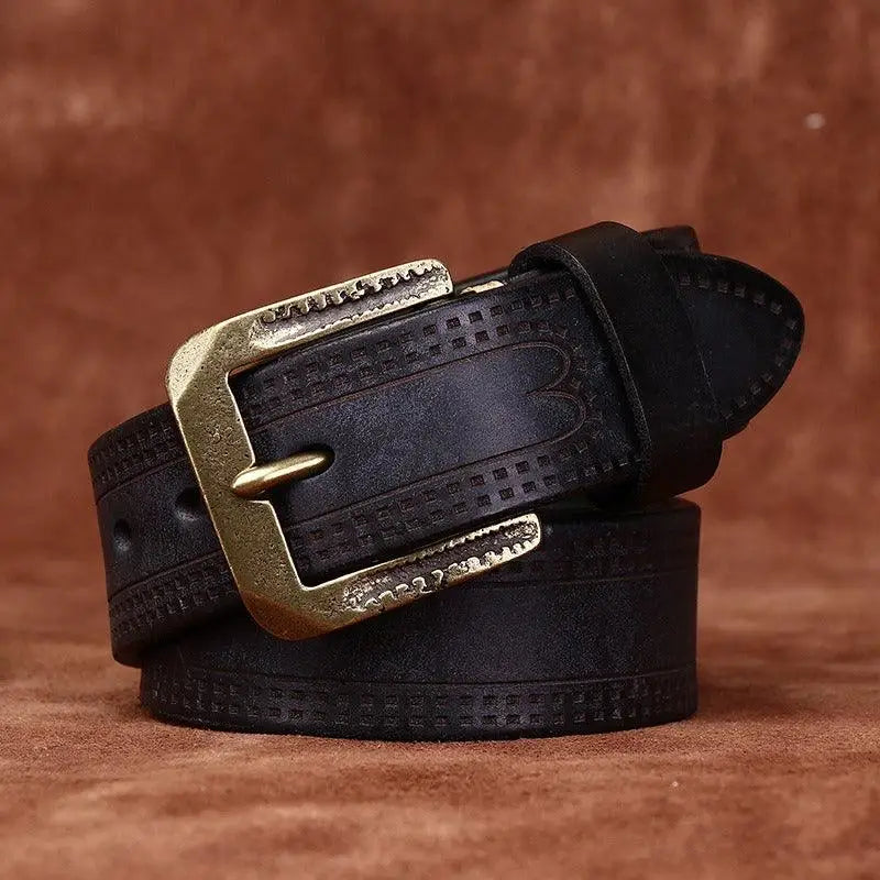 Black leather belt featuring a brass buckle from Assorted Leather Belts collection