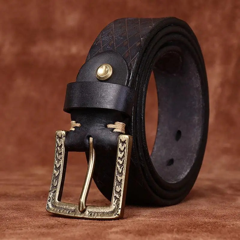 Black leather belt with ornate brass buckle from Assorted Leather Belts with Brass Buckles