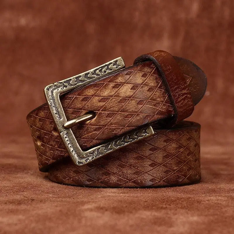 Brown leather belt with patterned brass buckle from Assorted Leather Belts collection