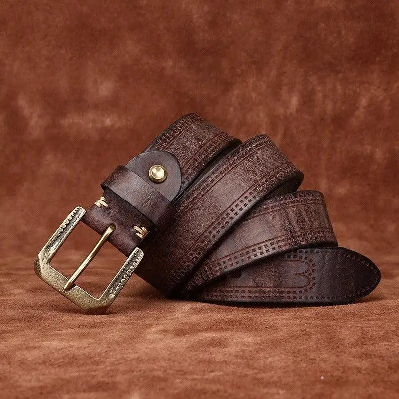 Assorted leather belts with brass buckles, featuring a brown leather belt with brass buckle