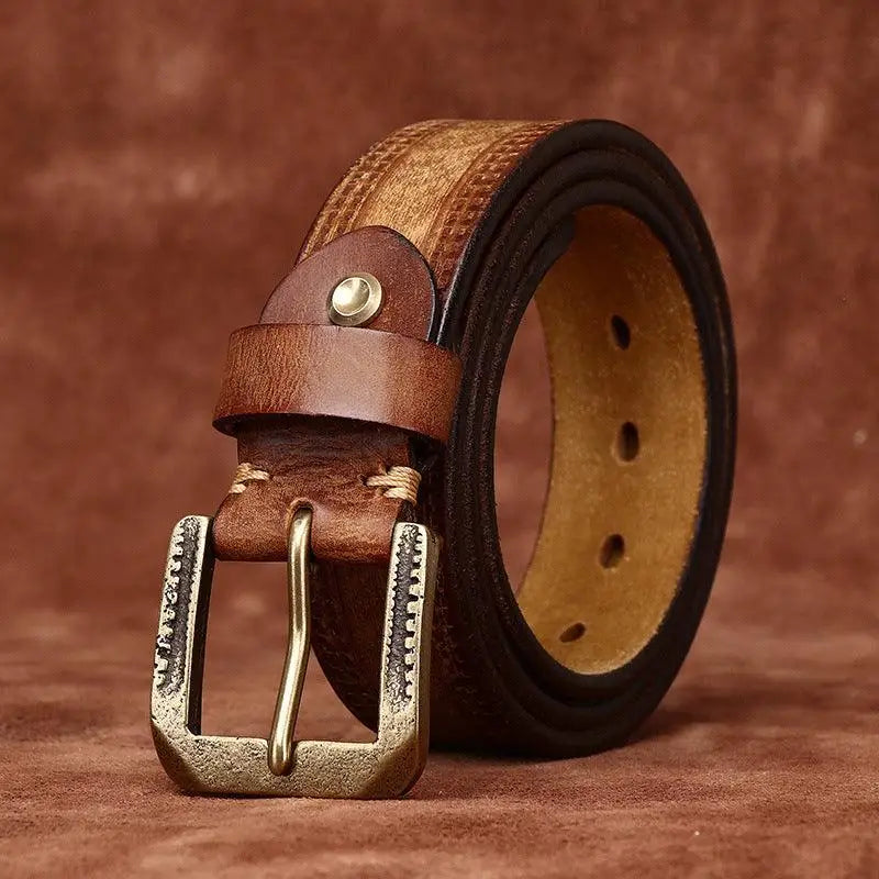 Brown leather belt featuring a brass buckle from the Assorted Leather Belts collection