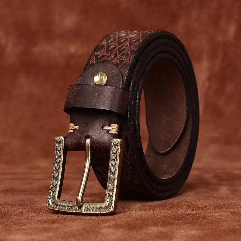 Brown leather belt with patterned brass buckle from Assorted Leather Belts collection