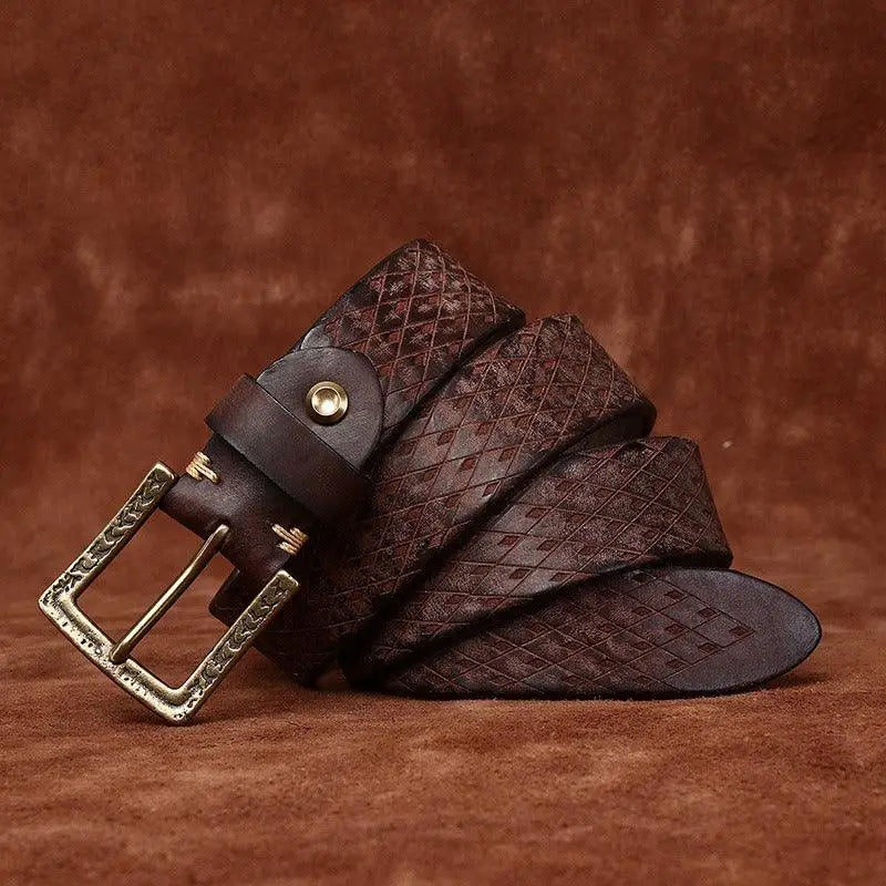 Brown leather belt with patterned texture and antique brass buckle from Assorted Leather Belts collection