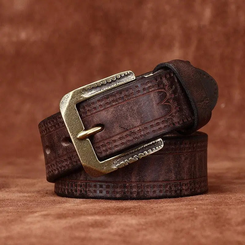 Brown leather belt with an ornate brass buckle from Assorted Leather Belts collection