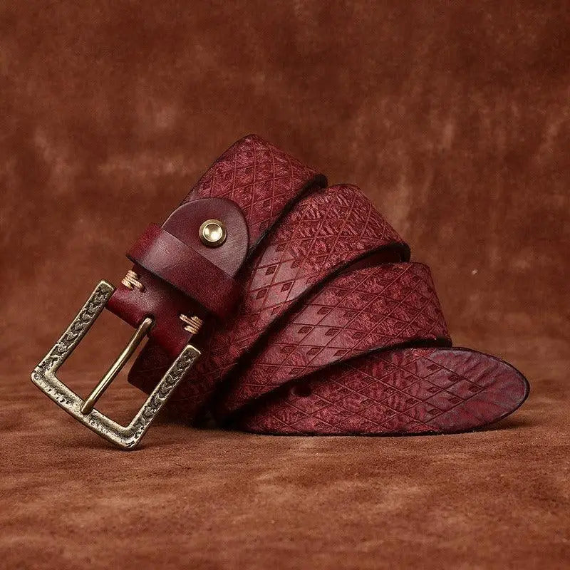 Maroon leather belt with textured pattern and antique brass buckle from Assorted Leather Belts