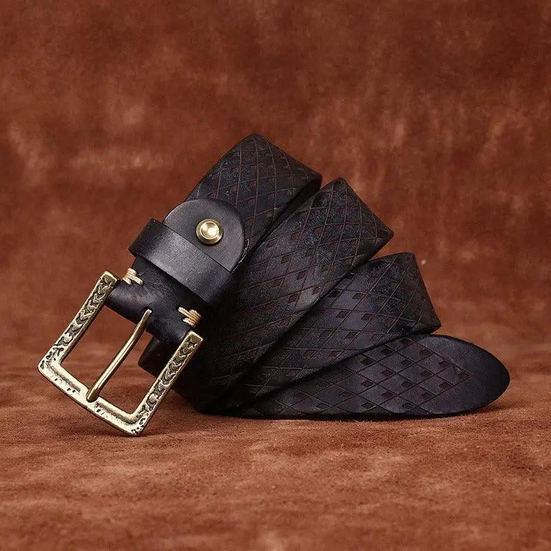 Patterned black leather belt with ornate brass buckle from Assorted Leather Belts collection