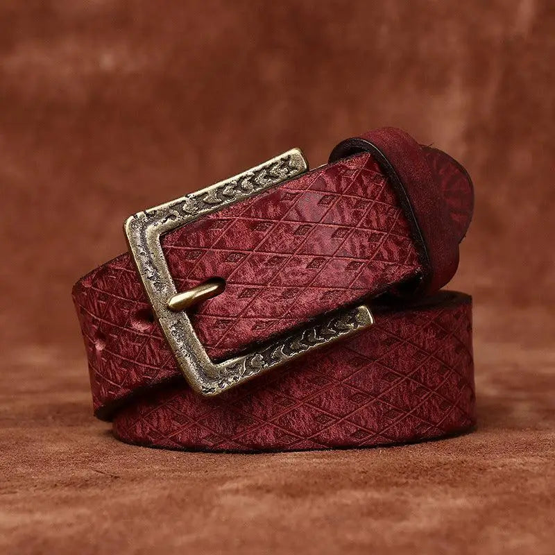 Maroon leather belt with textured pattern and antique brass buckle for stylish wear