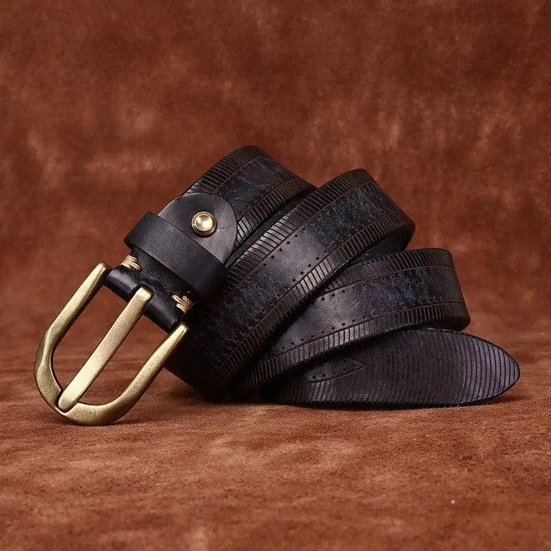 Rolled black leather belt with brass buckle from Assorted Leather Belts collection