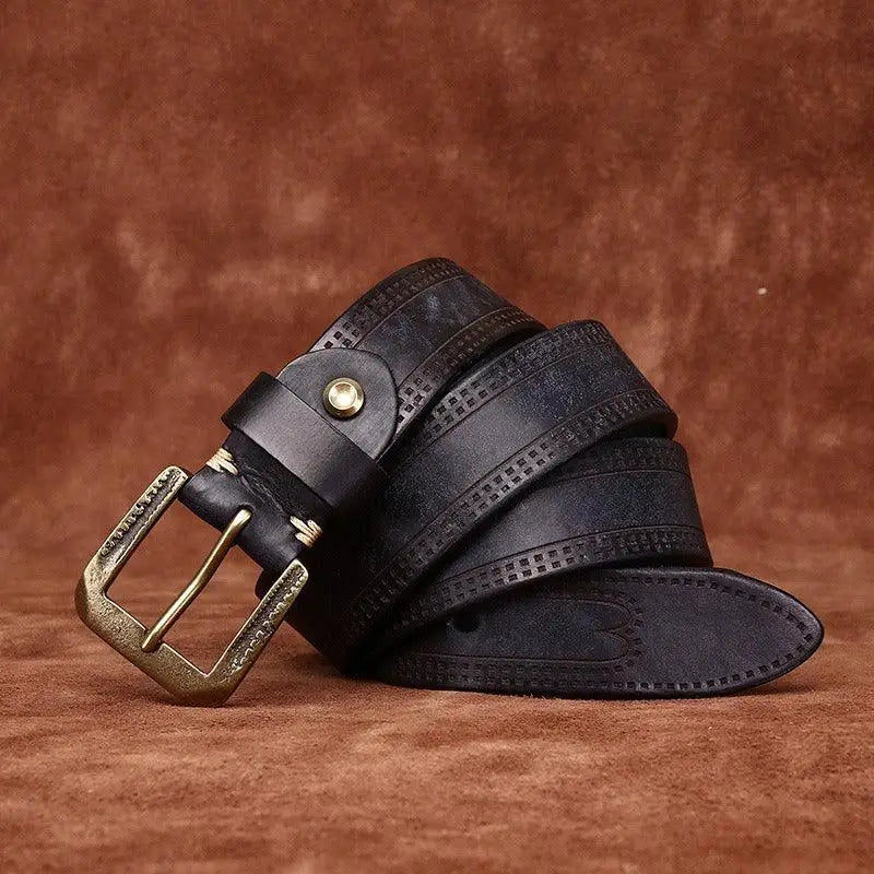 Rolled black leather belt with bronze buckle from Assorted Leather Belts with Brass Buckles