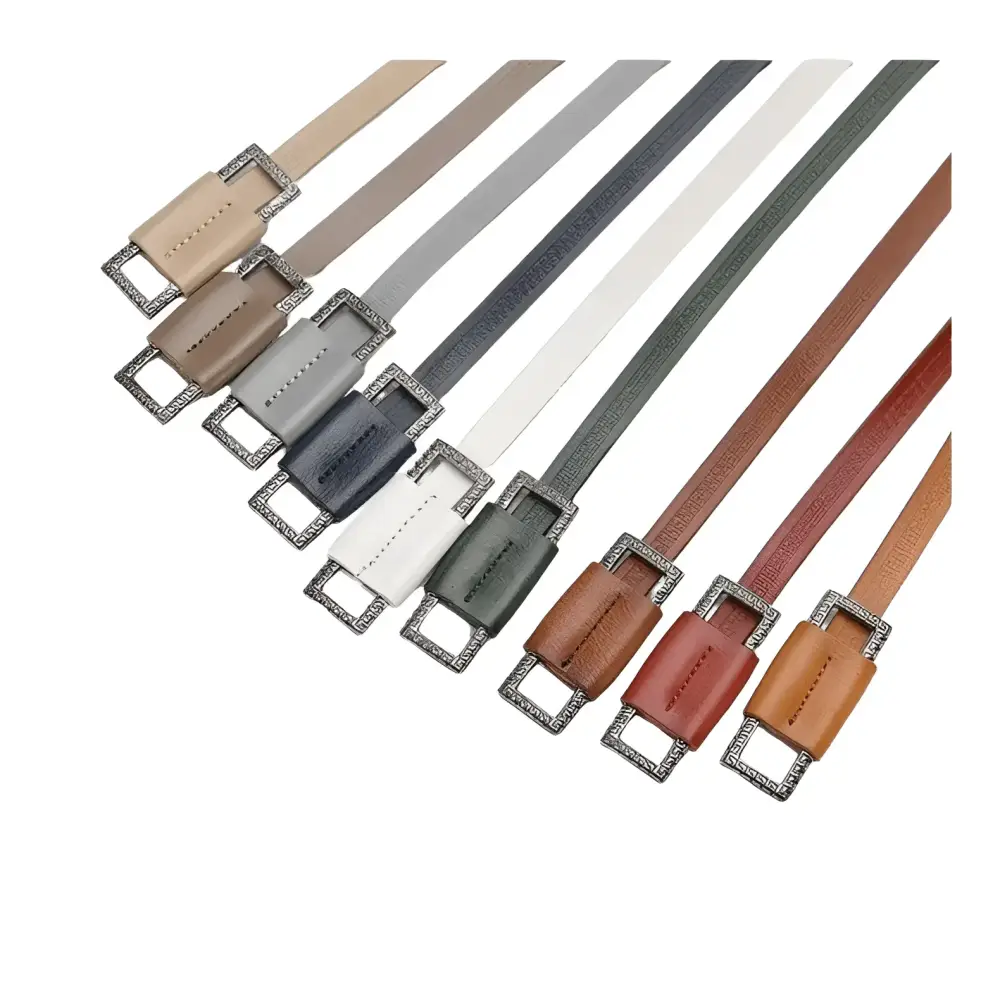 Assorted leather skinny belts with decorative buckles displayed in the product Assorted Leather Belts with Decorative Buckles