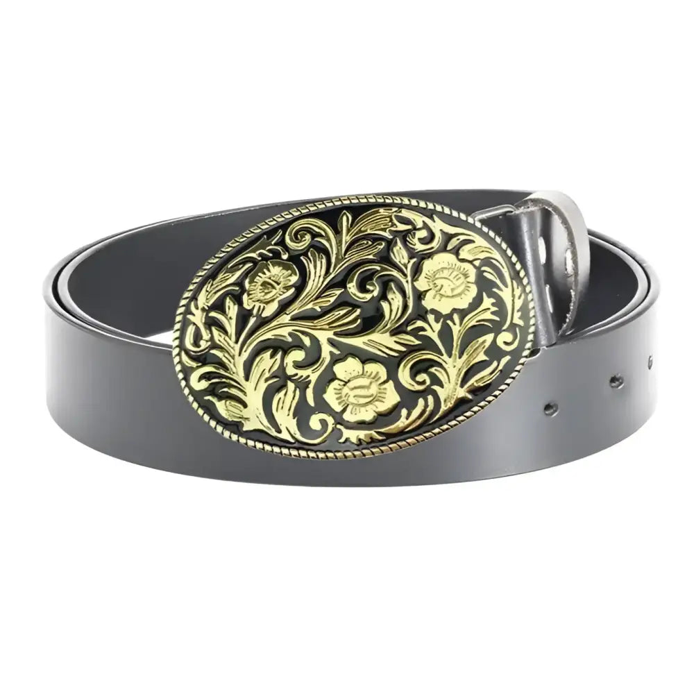 Gray leather belt with an ornate gold buckle from Assorted Leather Belts with Ornate Buckles