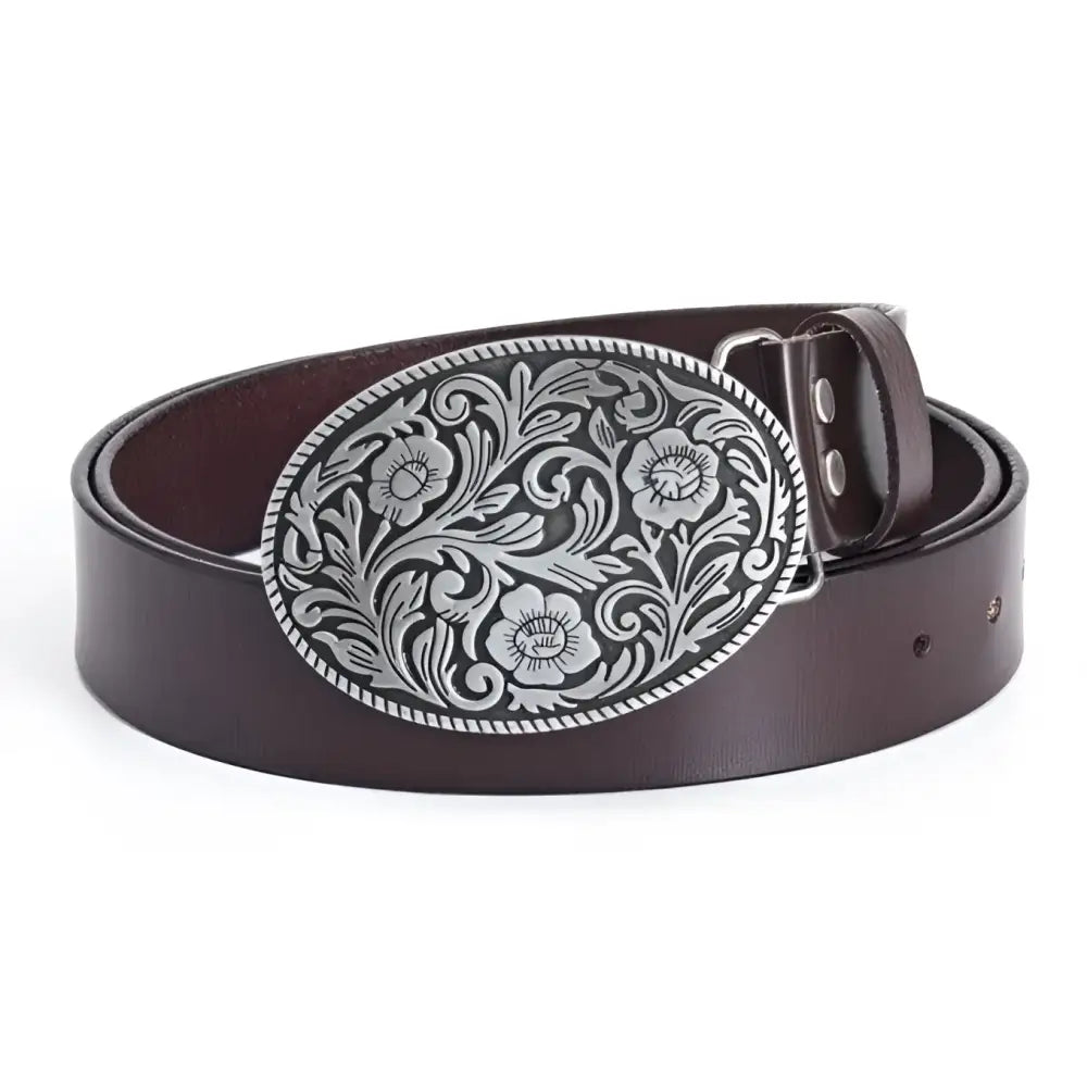 Brown leather belt with floral silver buckle from Assorted Leather Belts with Ornate Buckles