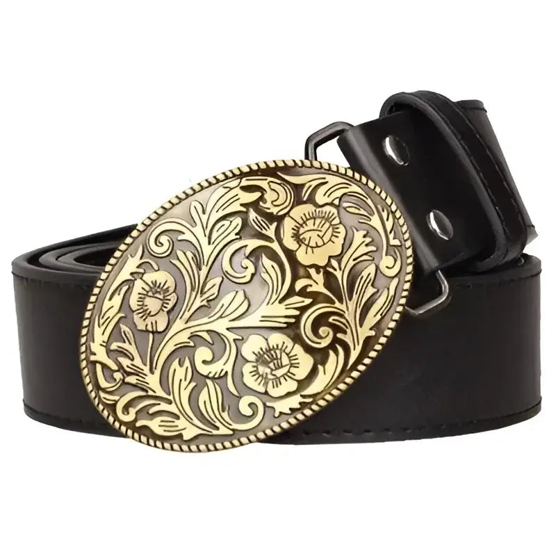 Black leather belt with an ornate oval buckle from Assorted Leather Belts collection