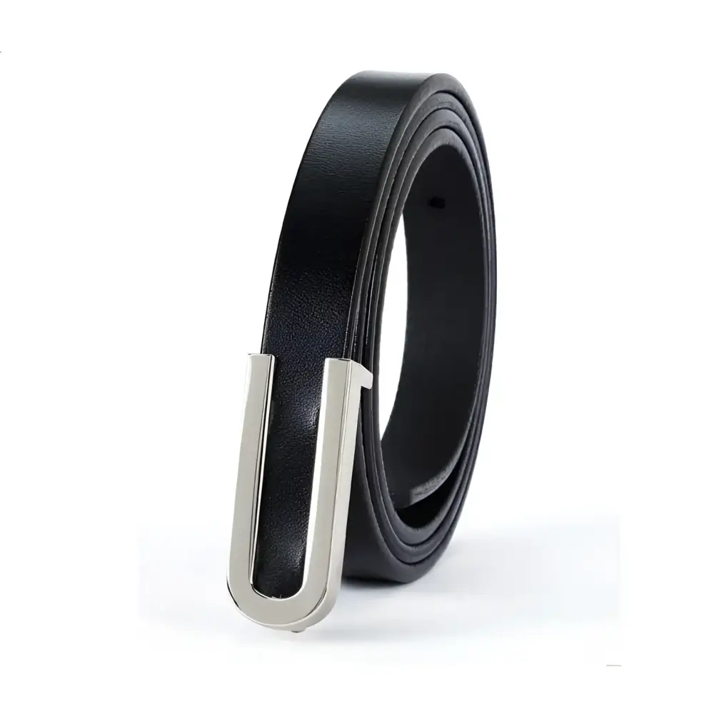 Black leather belt with silver U-shaped buckle from Assorted Leather Belts collection