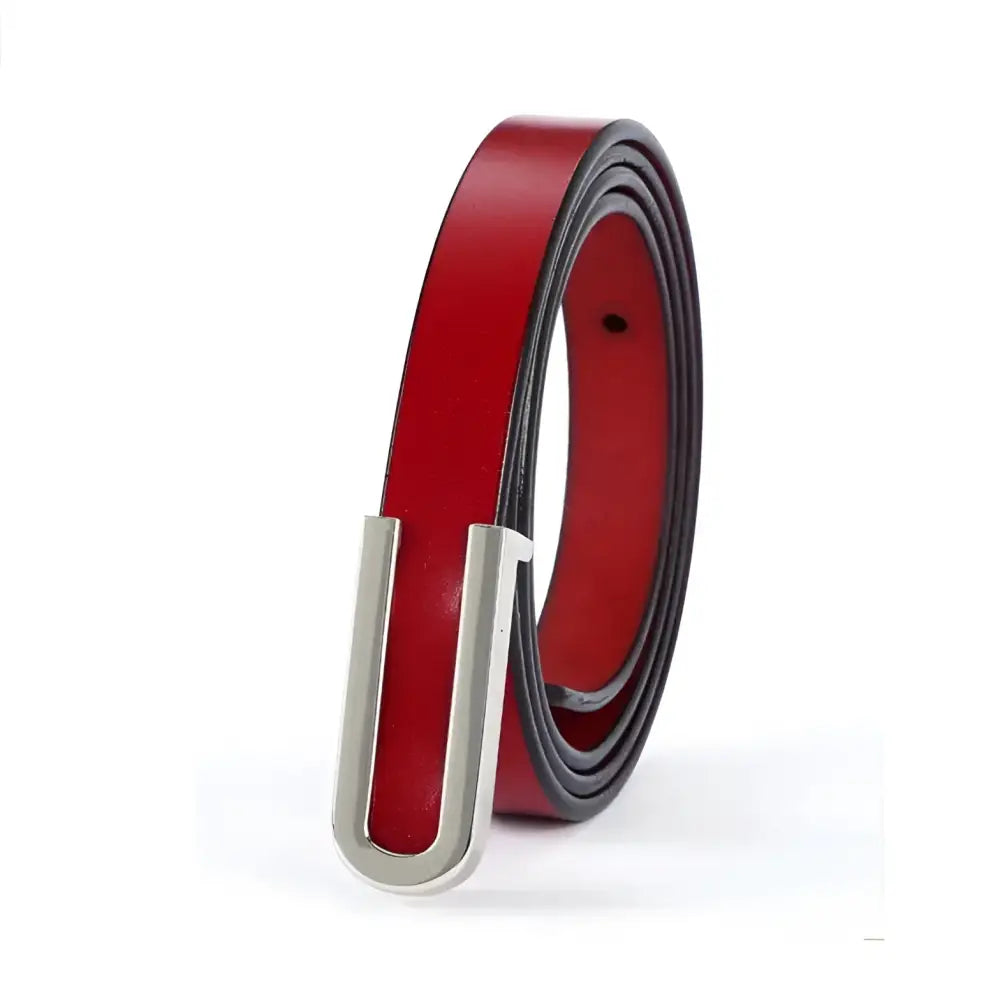 Red leather belt with silver U-shaped buckle in Assorted Leather Belts with Silver Buckles
