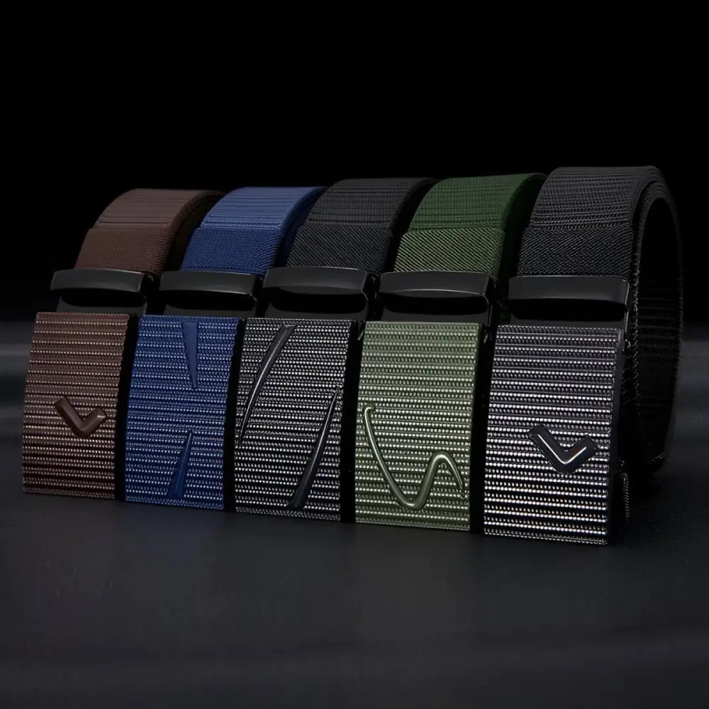 Assorted-color nylon web belts with black buckles in green, showcasing durable fashion accessories