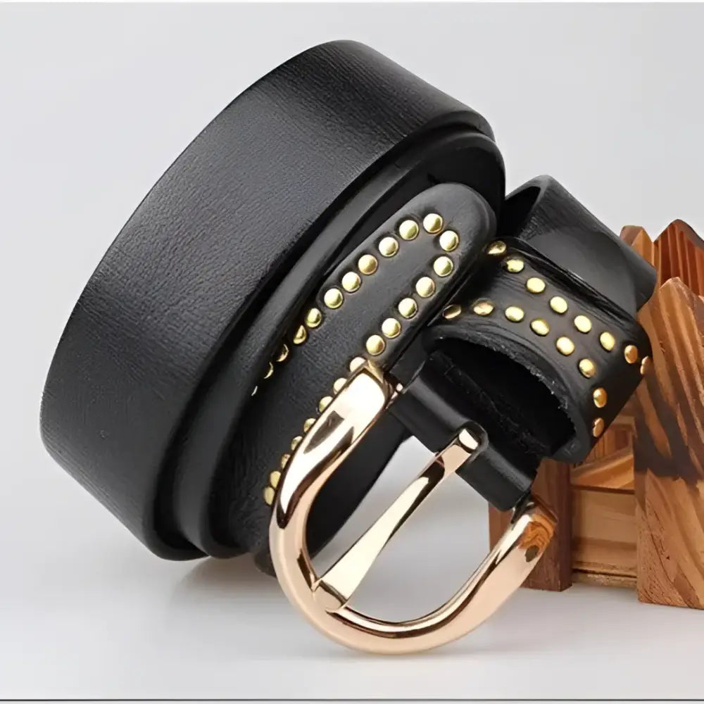 Black leather belt with gold studs and buckle from Assorted Studded Leather Belts with Gold Accents