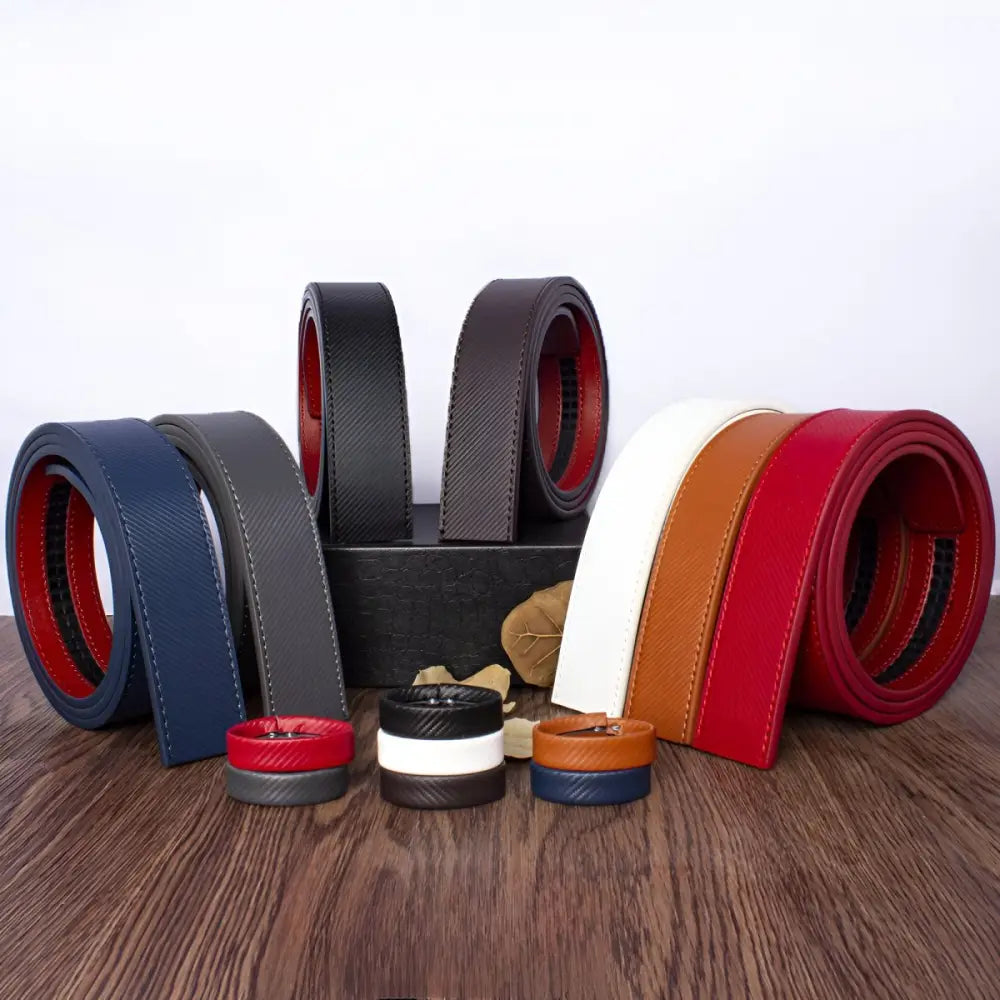 Assortment of colorful textured leather watch and belt straps display
