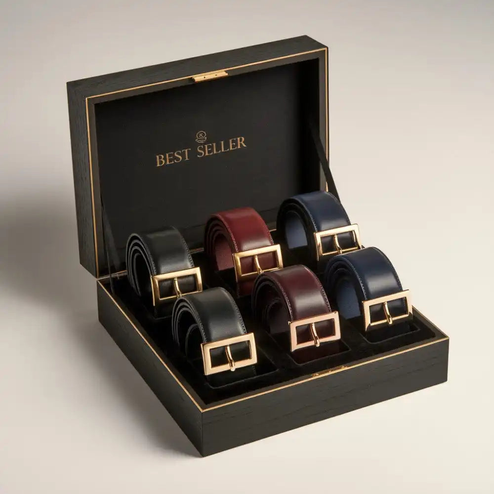 Belt collection in a presentation box.