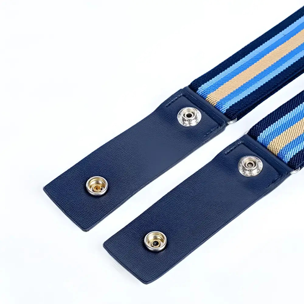 Black and white striped elastic belt with snap closures and yellow tabs